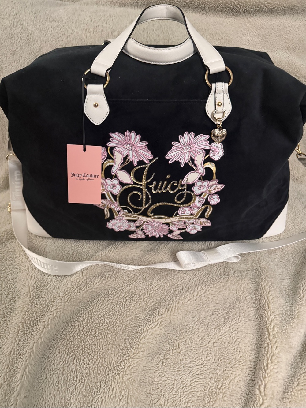 Juicy Couture Black Weekender Bag with Pink Floral Embroidery